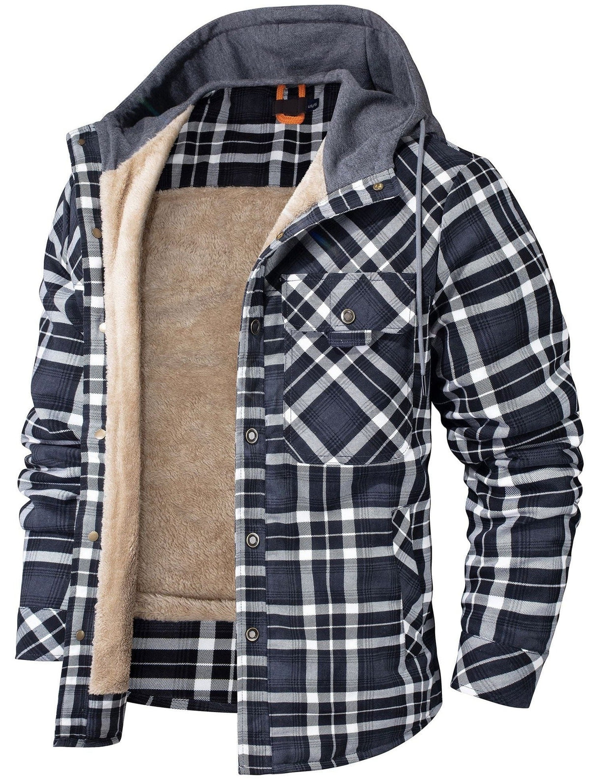 Men's Check Hooded Jacket – Fleece Lined Cotton, Button Front