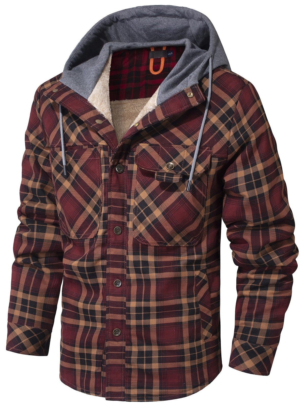 Men's Check Hooded Jacket – Fleece Lined Cotton, Button Front