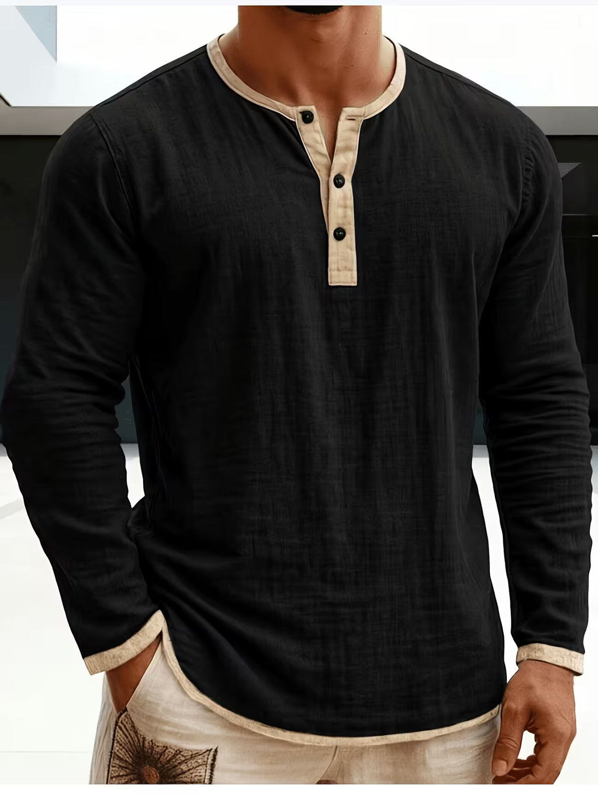 Men's Linen Shirt – Stand Collar, Long Sleeve, Relaxed Fit