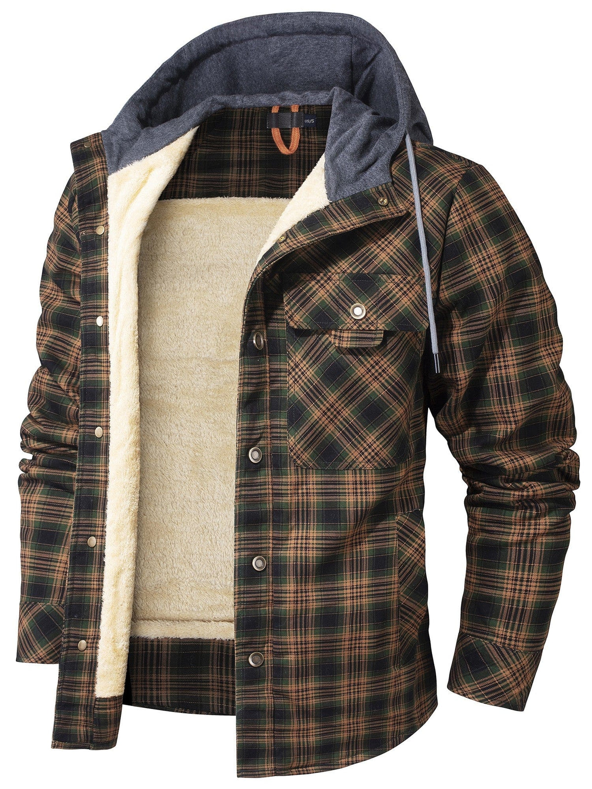 Men's Check Hooded Jacket – Fleece Lined Cotton, Button Front