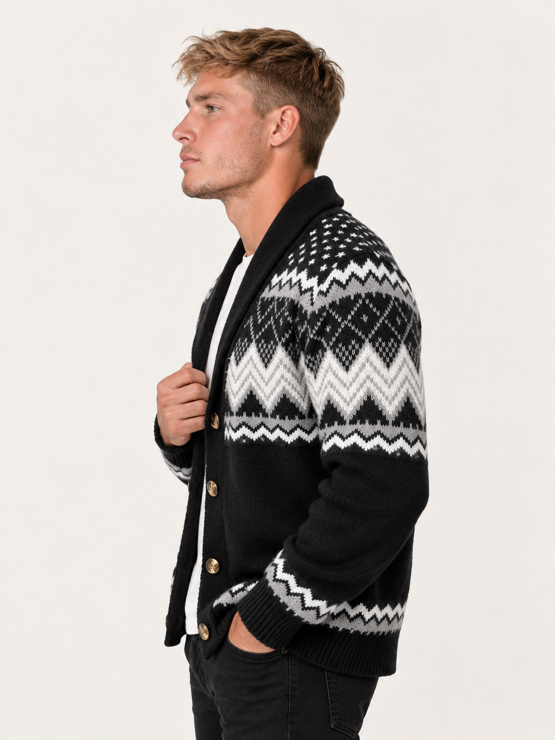 Men's Shawl Collar Cardigan – Fair Isle Style Chunky Knit
