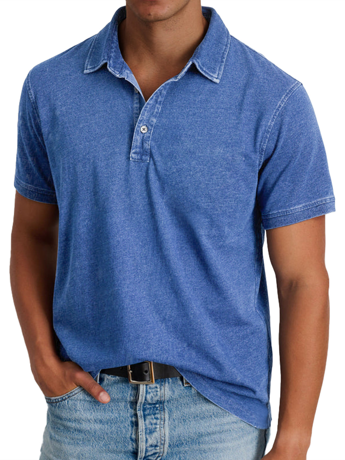Men's Denim Look Polo Shirt – Faded Finish, Button Placket