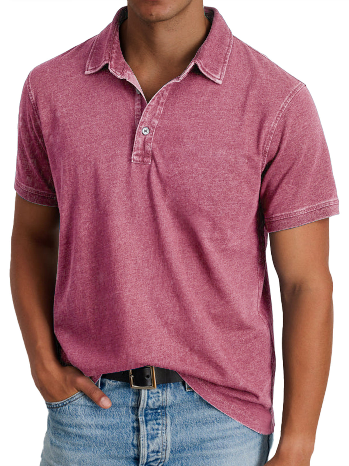 Men's Denim Look Polo Shirt – Faded Finish, Button Placket