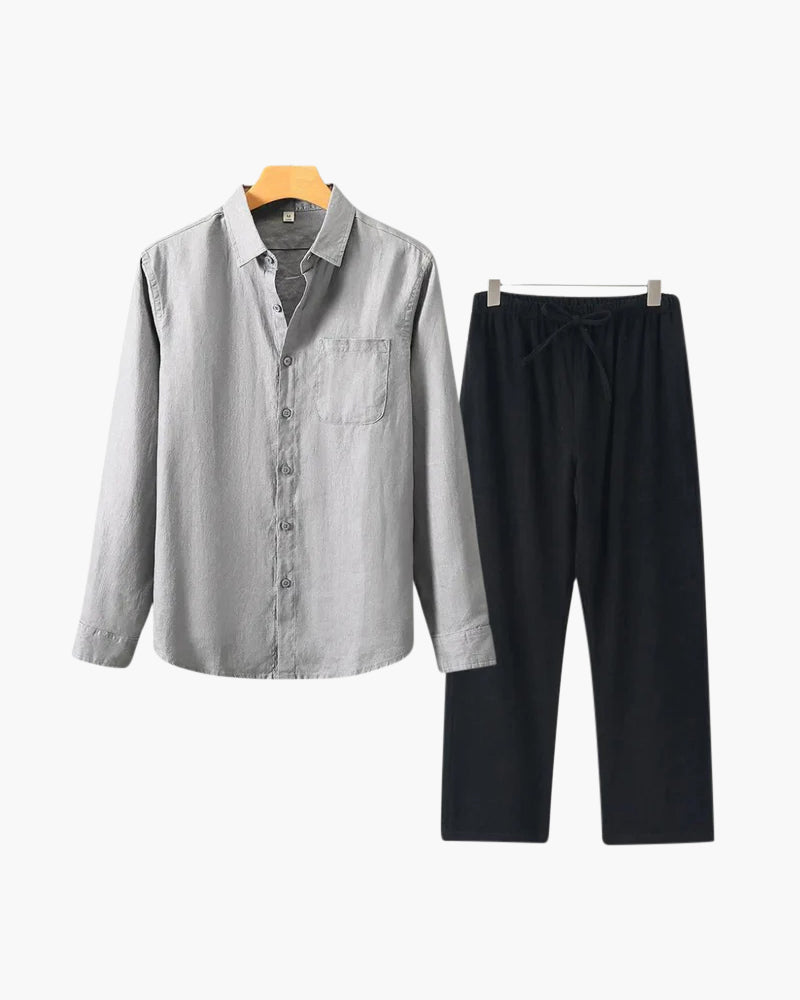 Men's Linen Shirt & Trousers Set – Long Sleeve, Regular Fit