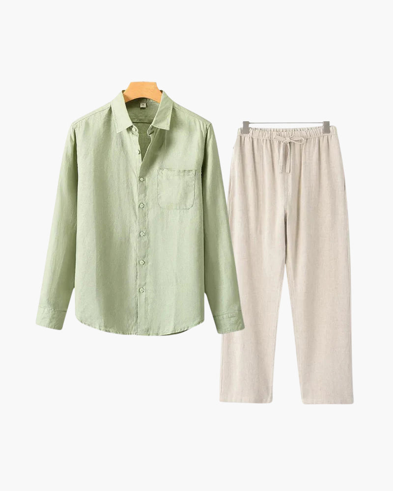 Men's Linen Shirt & Trousers Set – Long Sleeve, Regular Fit