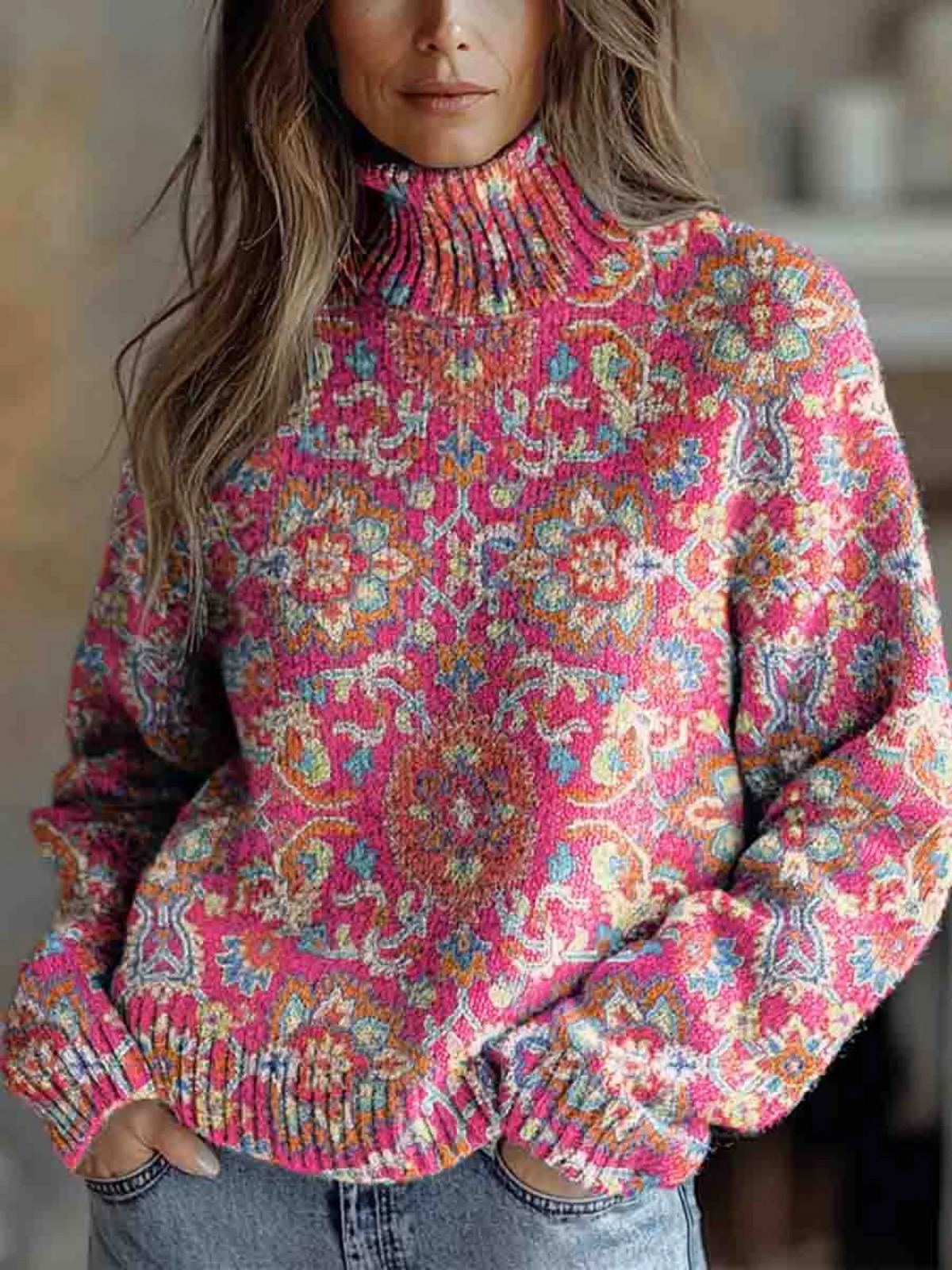 Women's Retro Floral Turtleneck Jumper – Soft Knit