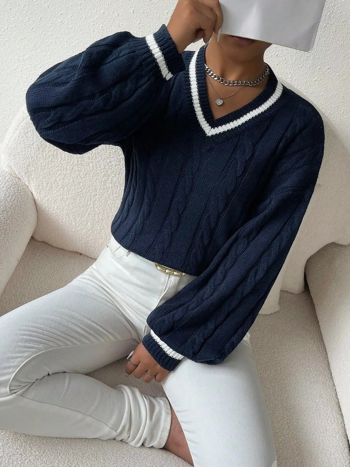 Women's V-Neck Cable Knit Jumper – Contrast Trim, Loose Fit