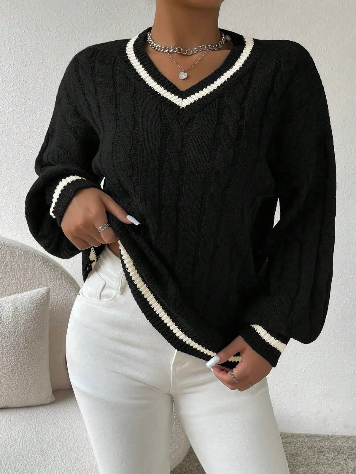 Women's V-Neck Cable Knit Jumper – Contrast Trim, Loose Fit