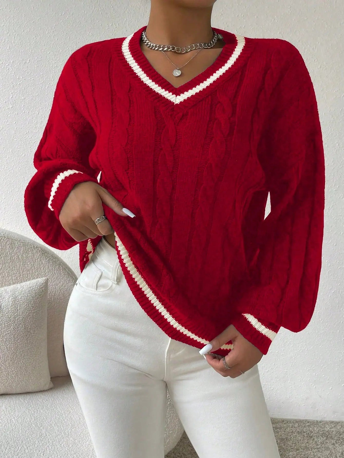 Women's V-Neck Cable Knit Jumper – Contrast Trim, Loose Fit