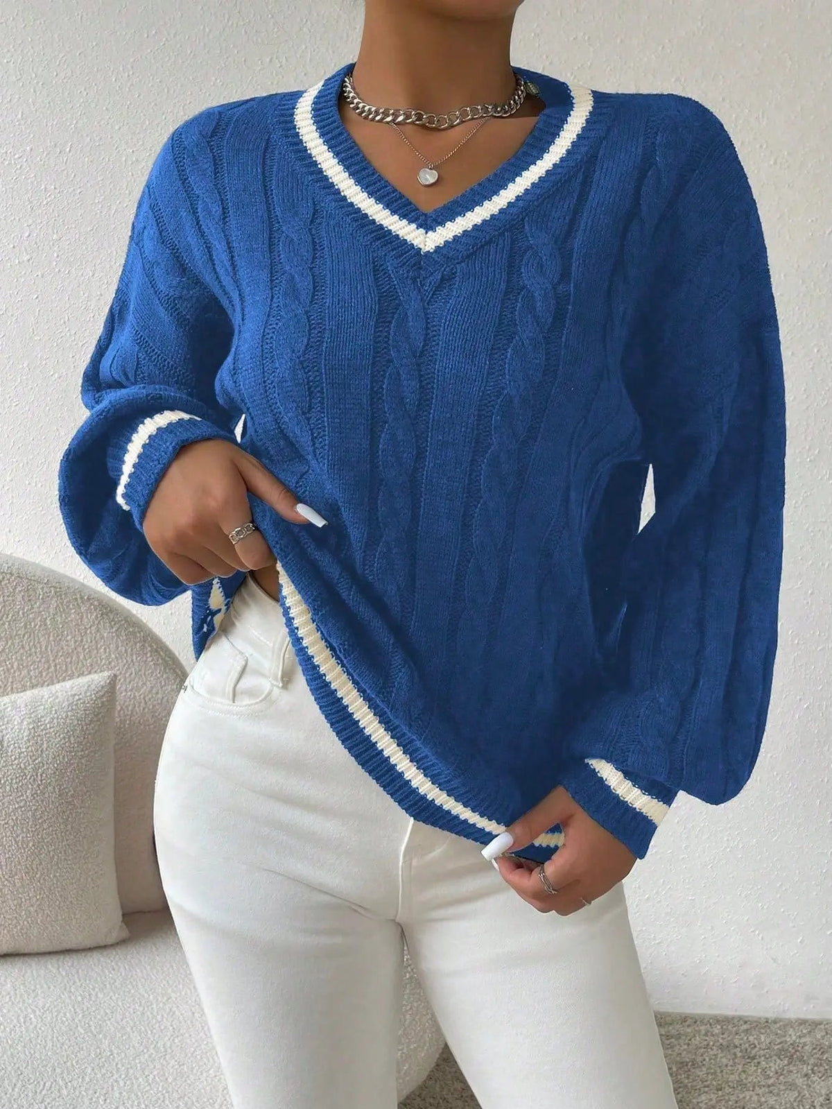 Women's V-Neck Cable Knit Jumper – Contrast Trim, Loose Fit
