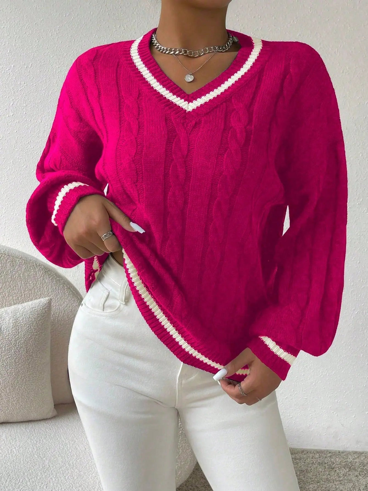 Women's V-Neck Cable Knit Jumper – Contrast Trim, Loose Fit