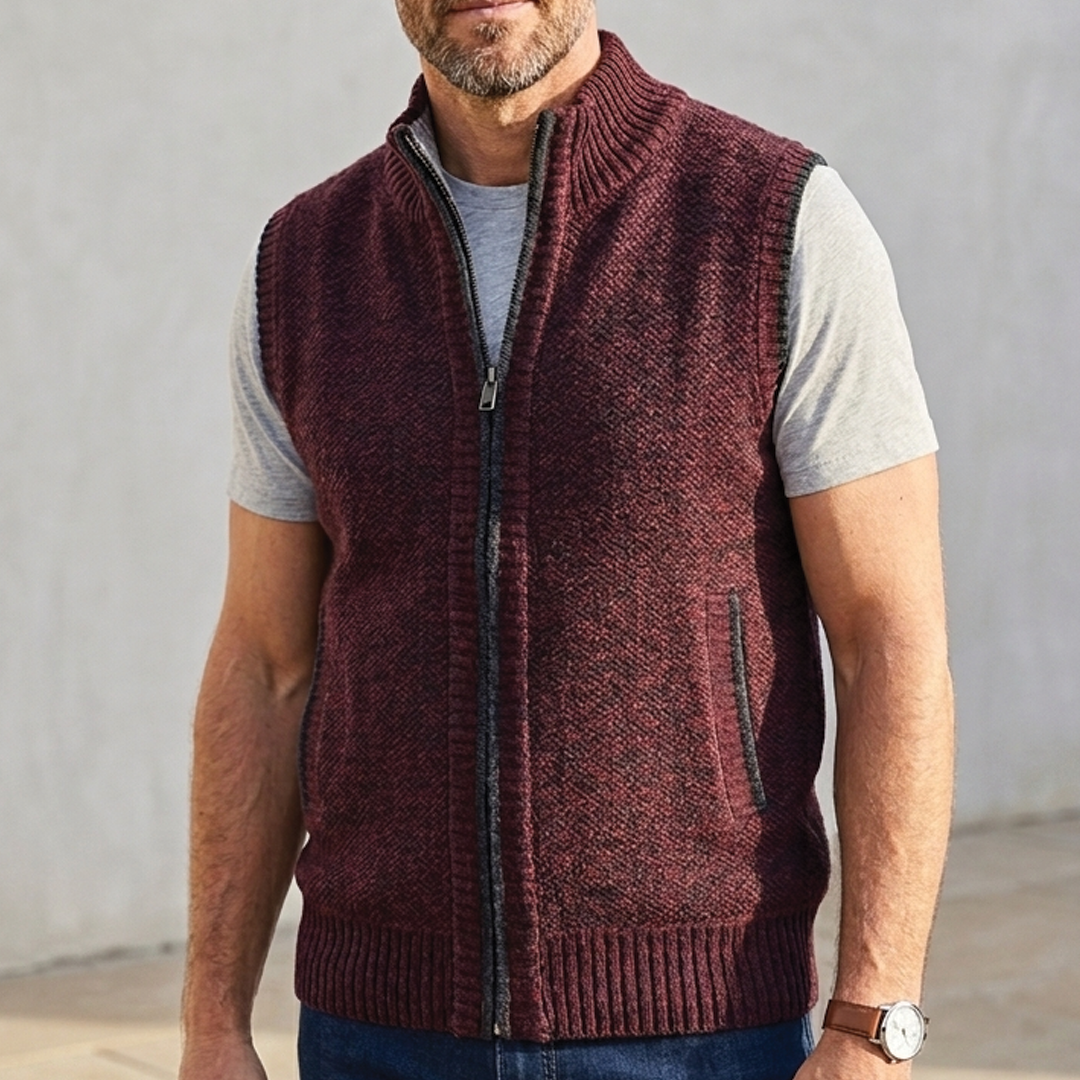 Men's Zip Sleeveless Jumper – Turn-Down Collar, Regular Fit