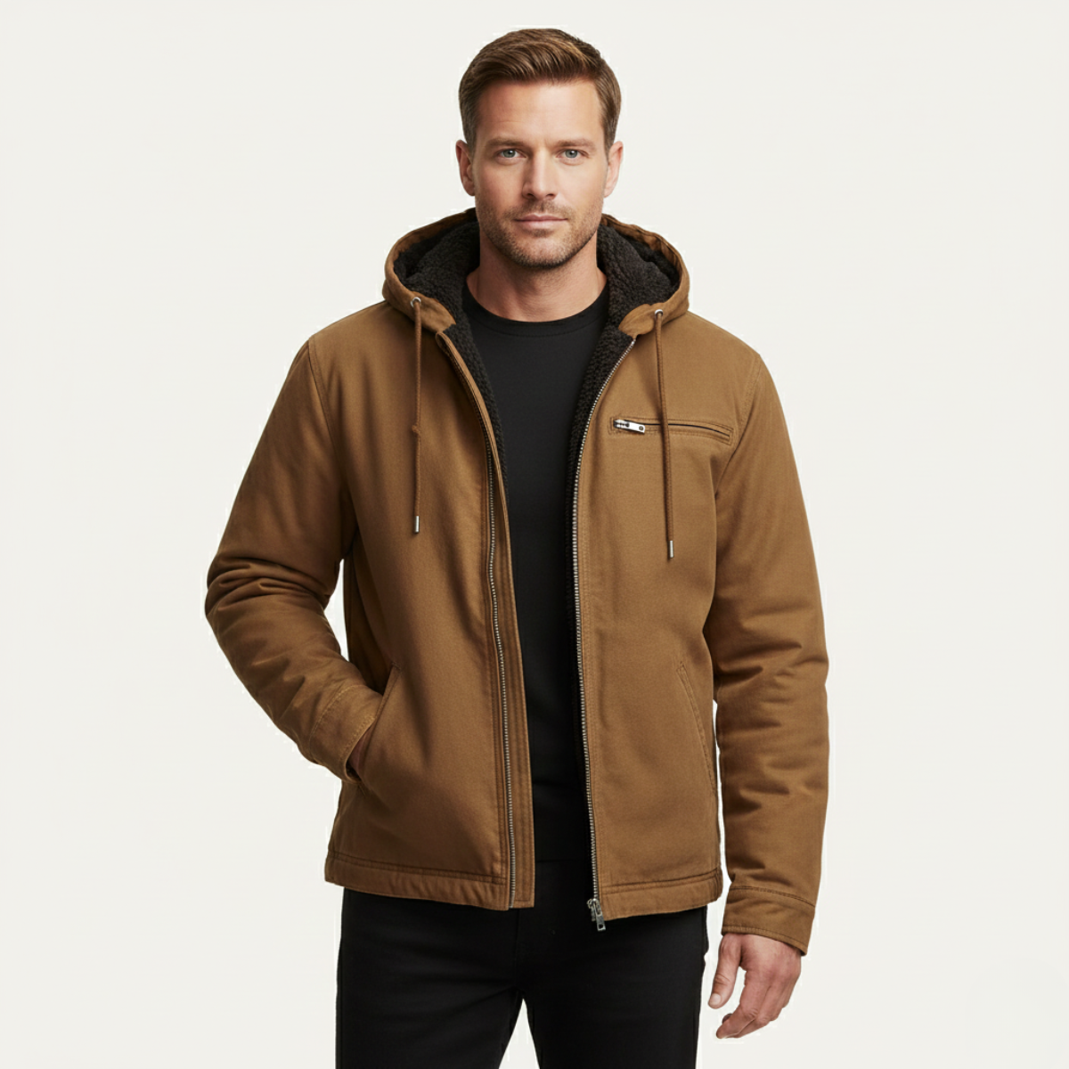Men's Fleece Lined Hooded Jacket – Full Zip, Relaxed Fit