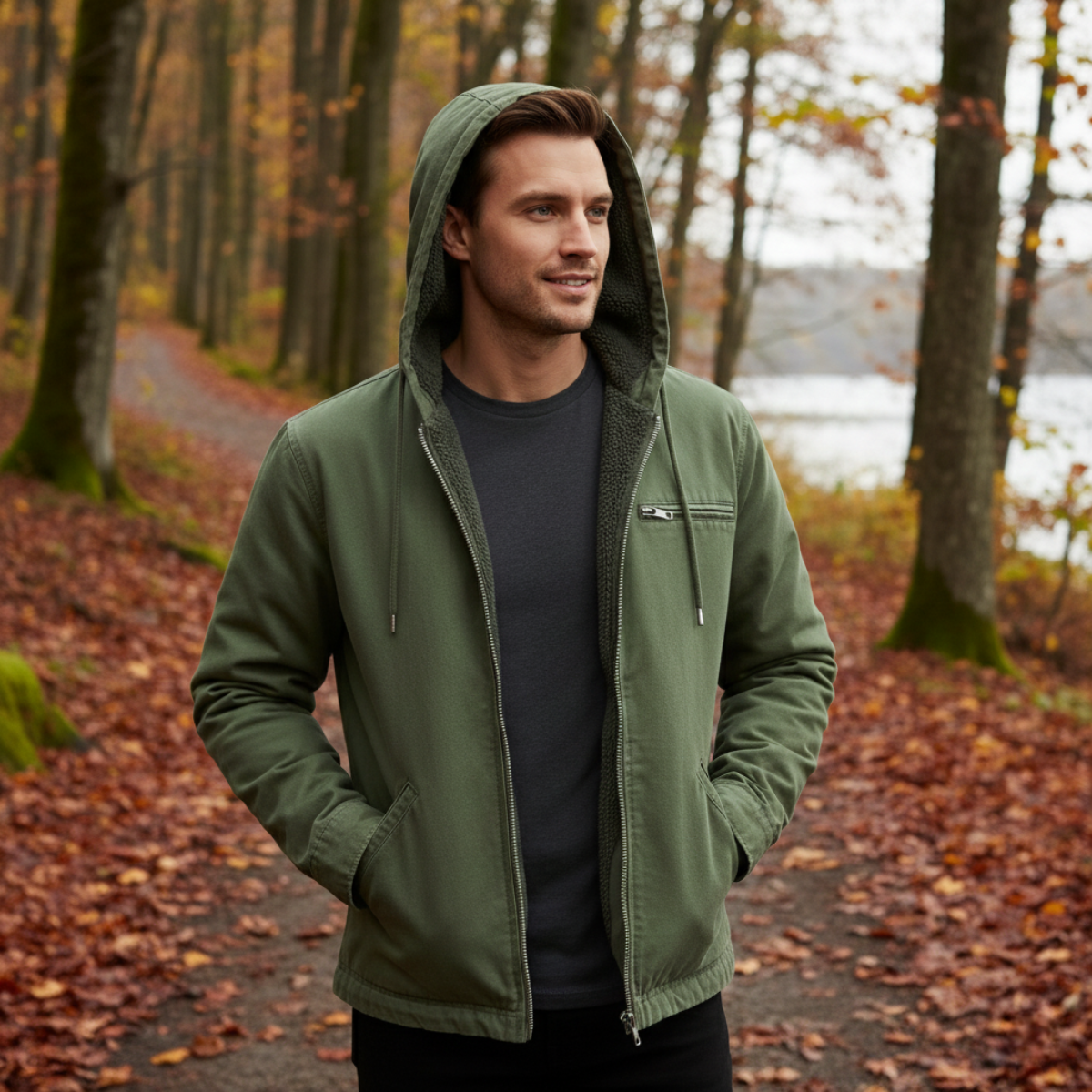 Men's Fleece Lined Hooded Jacket – Full Zip, Relaxed Fit