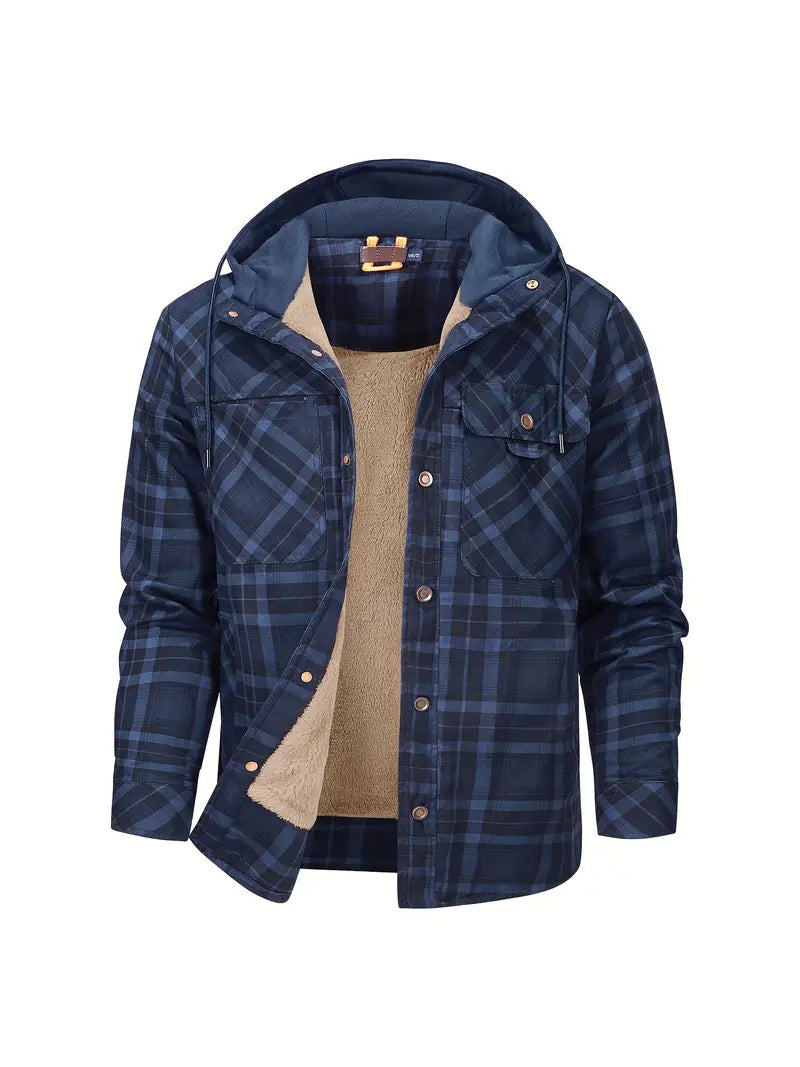 Men's Check Hooded Shirt Jacket – Fleece Lined, Relaxed Fit