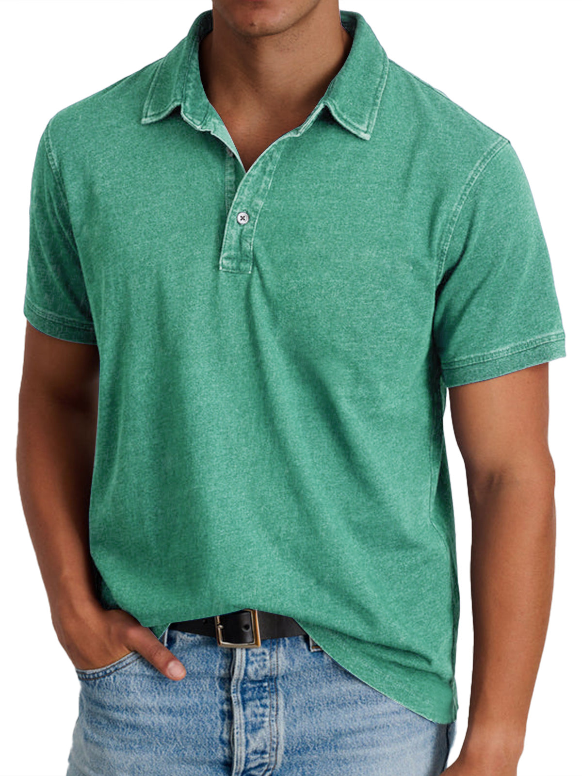 Men's Denim Look Polo Shirt – Faded Finish, Button Placket