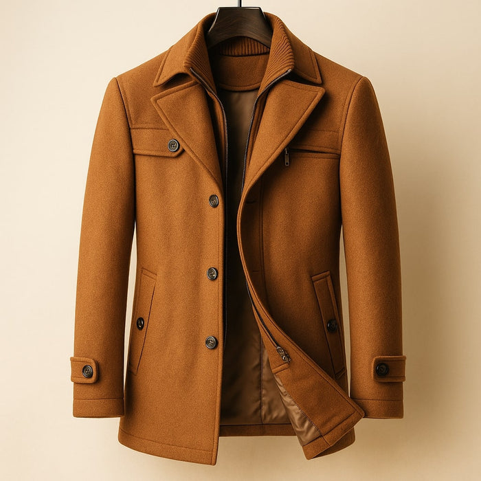 Men's Wool Blend Overcoat – Inner Zip Panel, Tailored Fit