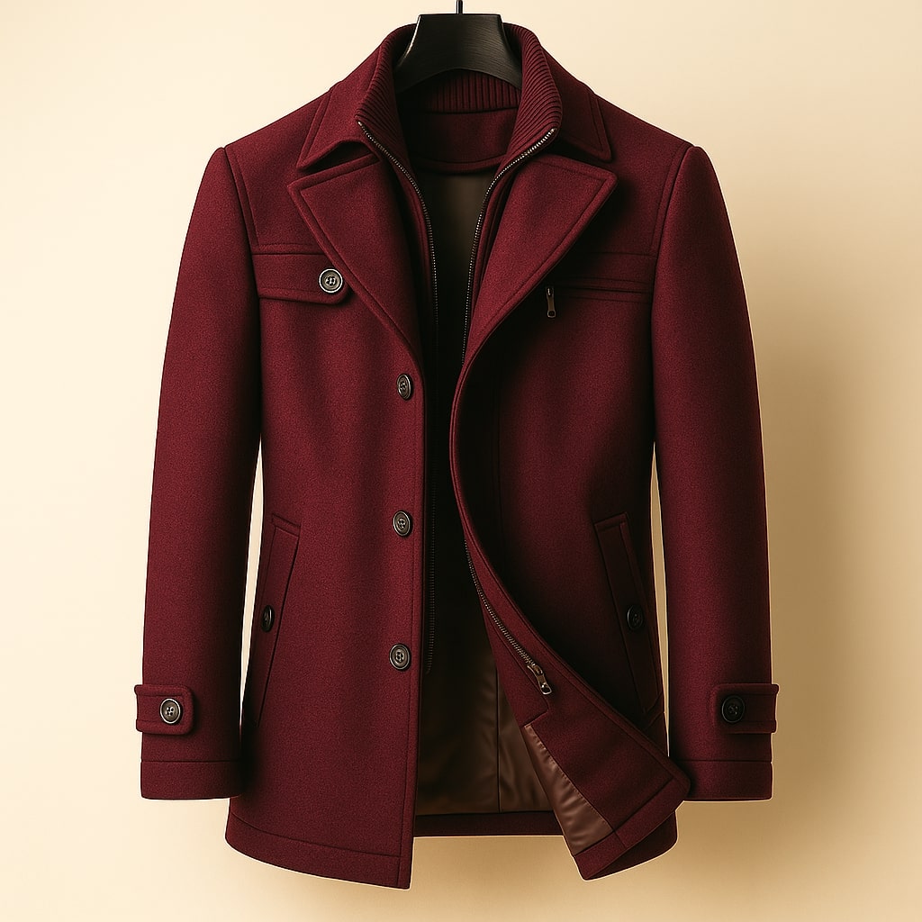 Men's Wool Blend Overcoat – Inner Zip Panel, Tailored Fit