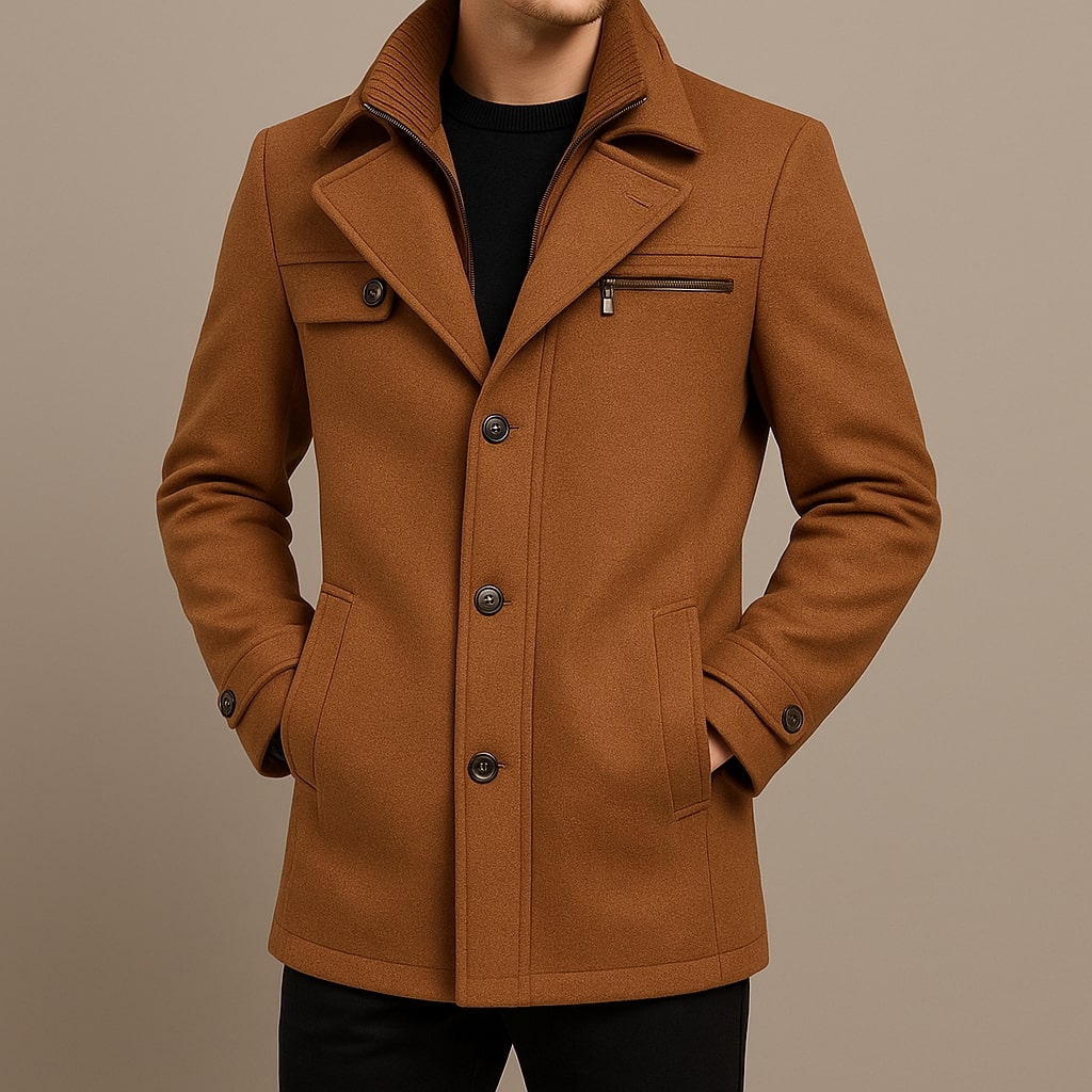 Men's Wool Blend Overcoat – Inner Zip Panel, Tailored Fit