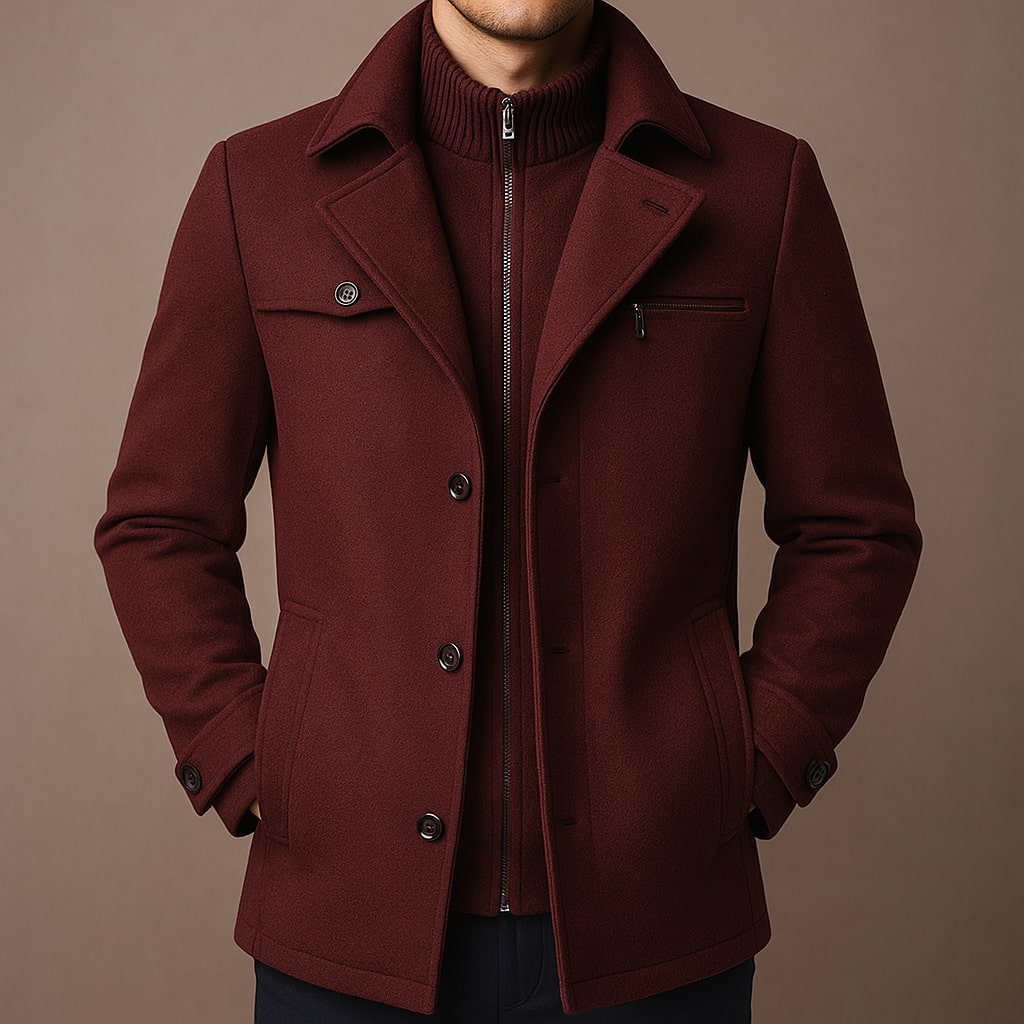 Men's Wool Blend Overcoat – Inner Zip Panel, Tailored Fit