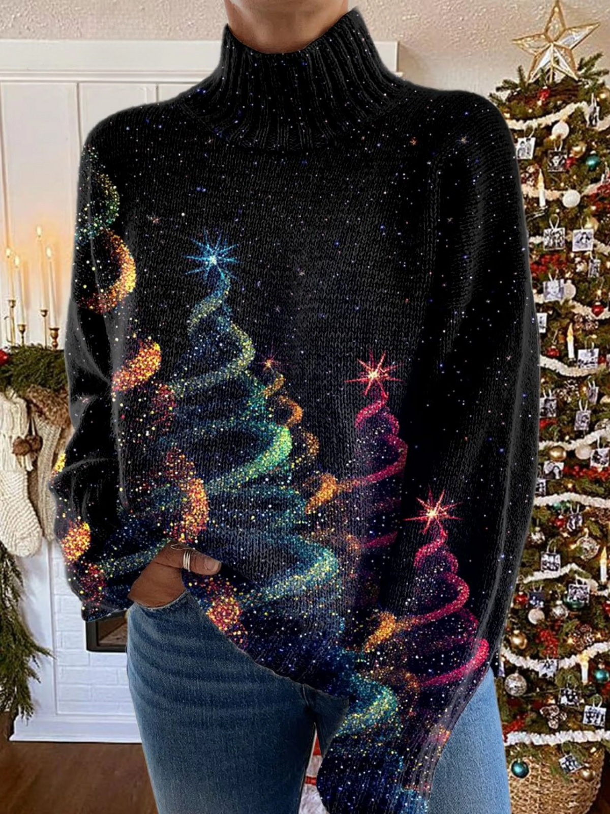 Women's Christmas Tree Turtleneck Jumper – Glitter Detail