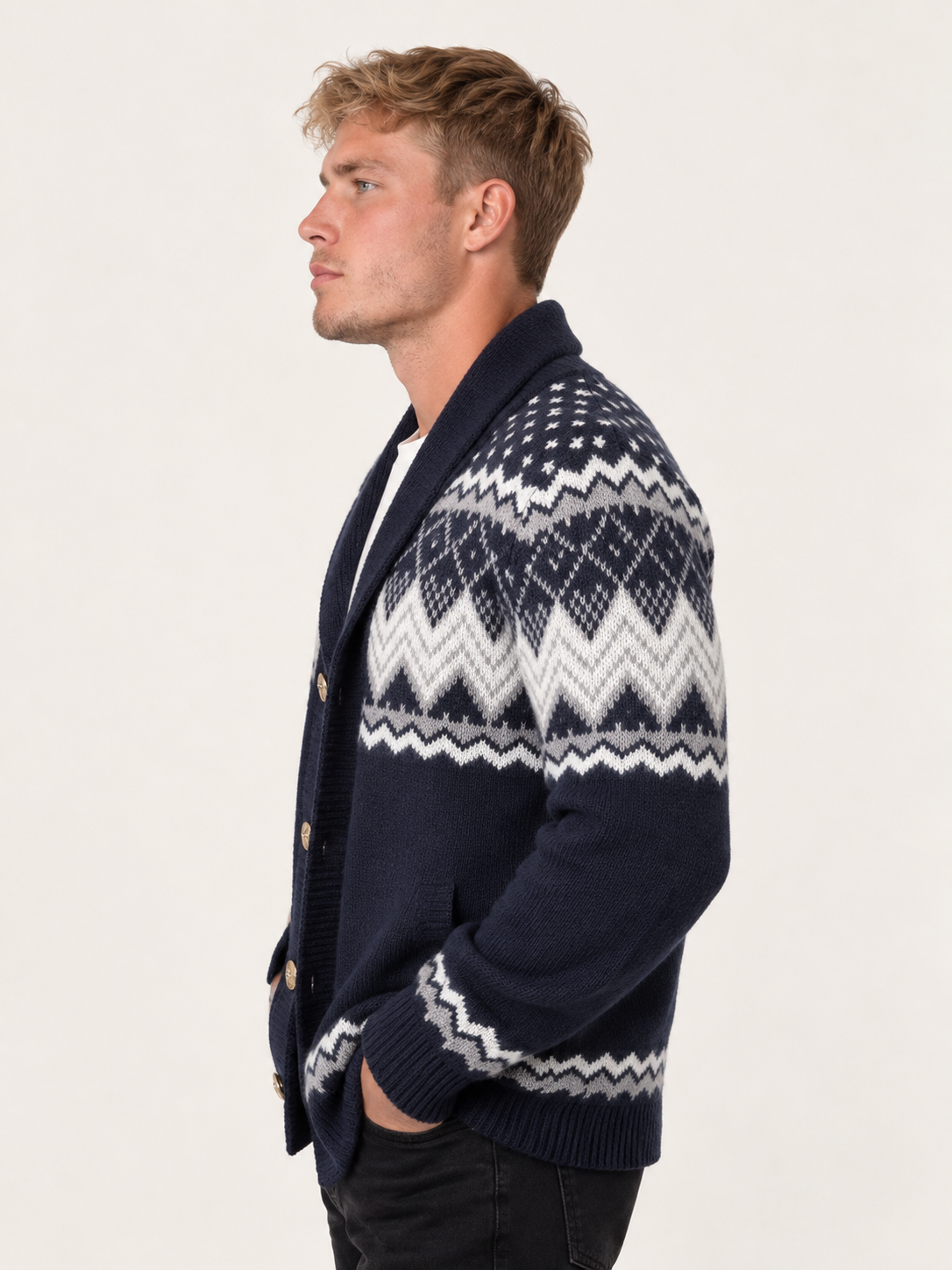 Men's Shawl Collar Cardigan – Fair Isle Style Chunky Knit