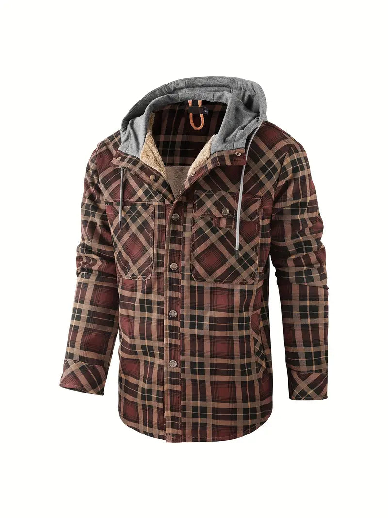 Men's Check Hooded Shirt Jacket – Fleece Lined, Relaxed Fit