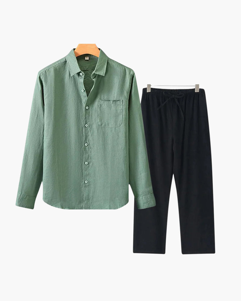 Men's Linen Shirt & Trousers Set – Long Sleeve, Regular Fit