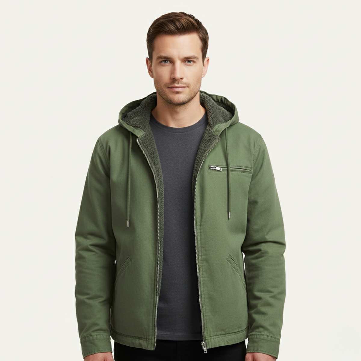 Men's Fleece Lined Hooded Jacket – Full Zip, Relaxed Fit