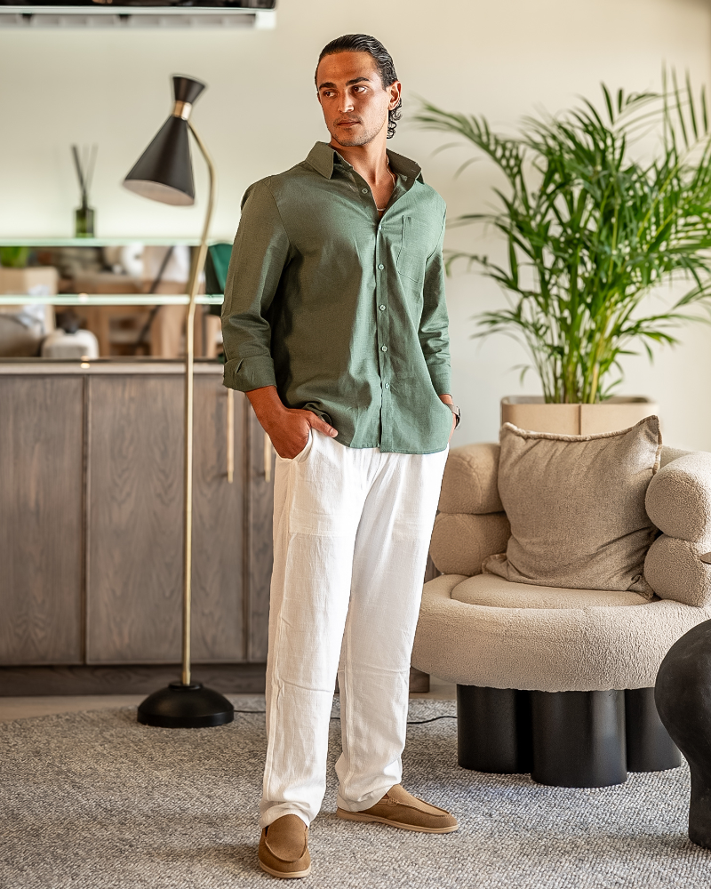 Men's Linen Shirt & Trousers Set – Long Sleeve, Regular Fit