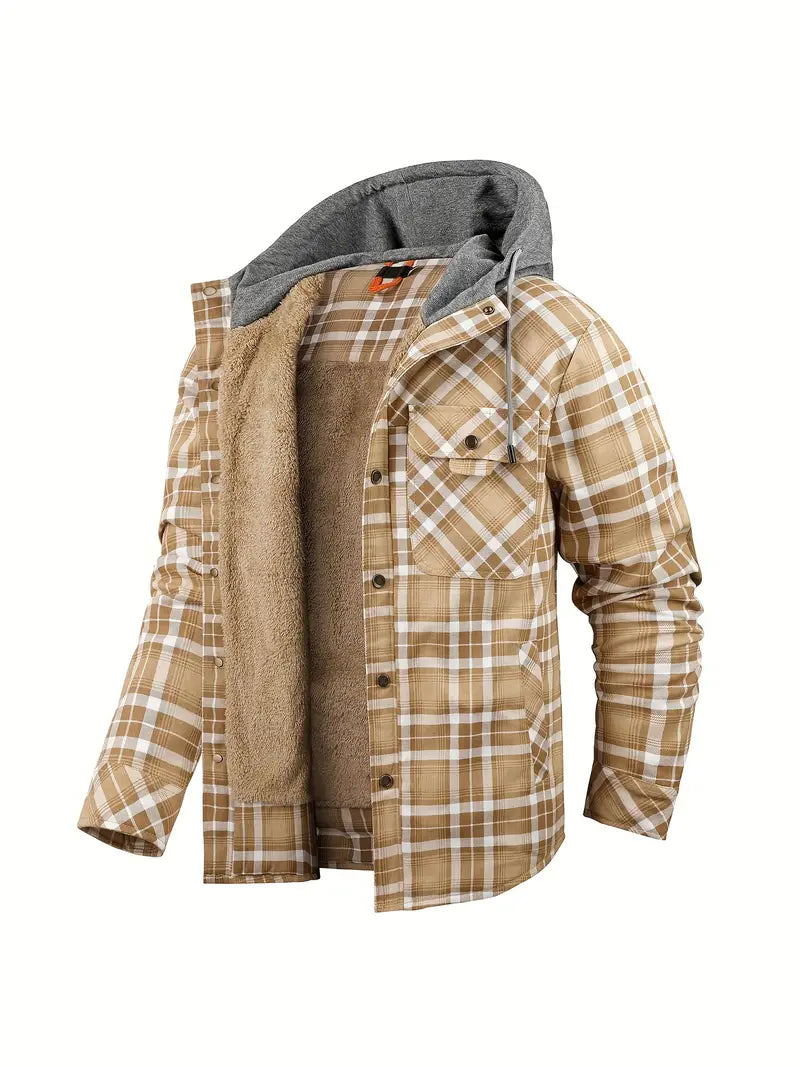 Men's Check Hooded Shirt Jacket – Fleece Lined, Relaxed Fit