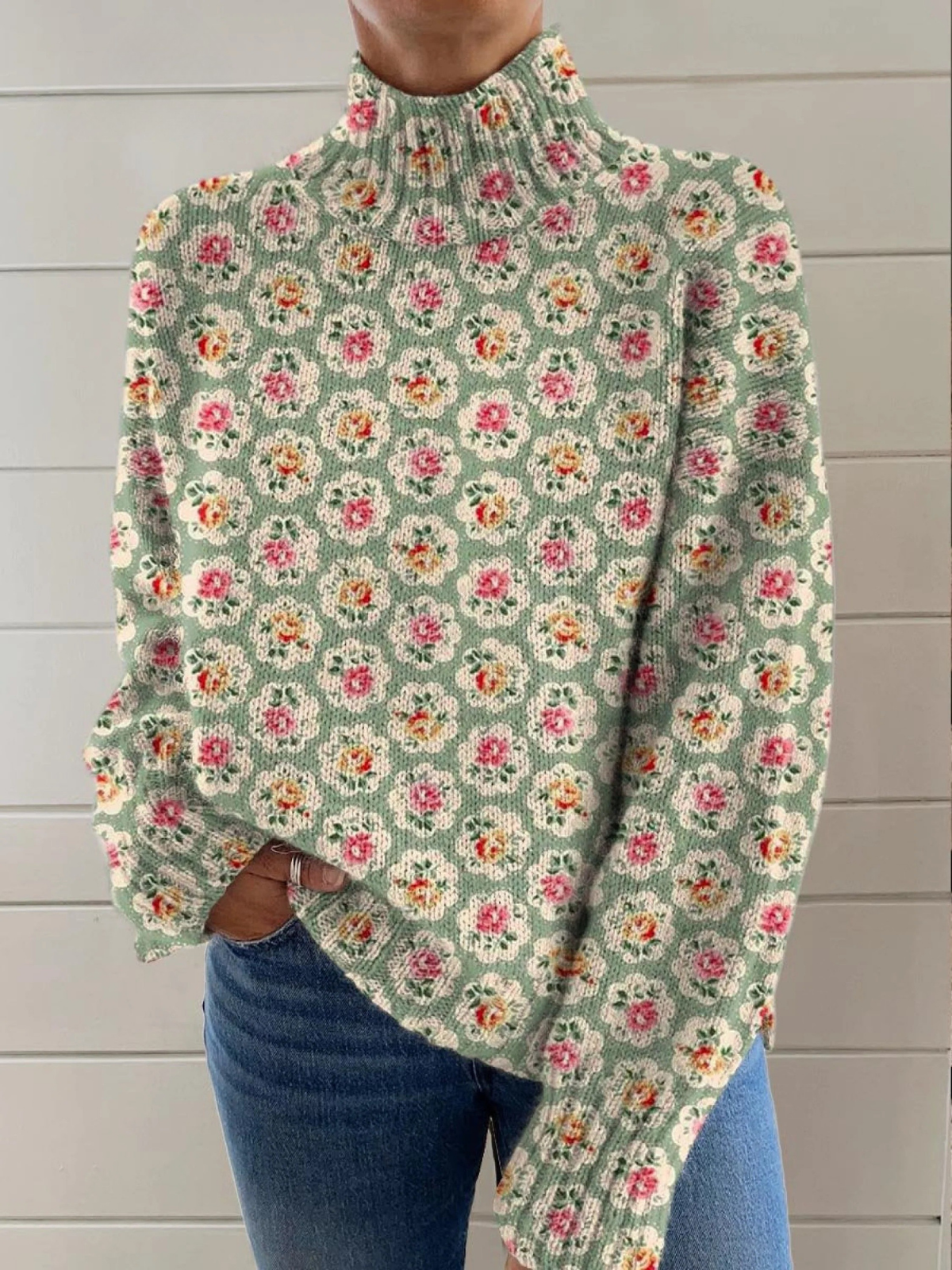 Women's Floral Roll Neck Jumper – Soft Knit, Relaxed Fit
