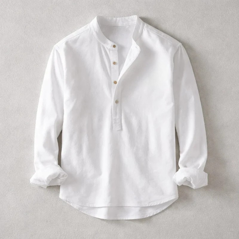 Men's Linen Cotton Henley Shirt – Band Collar, Relaxed Fit