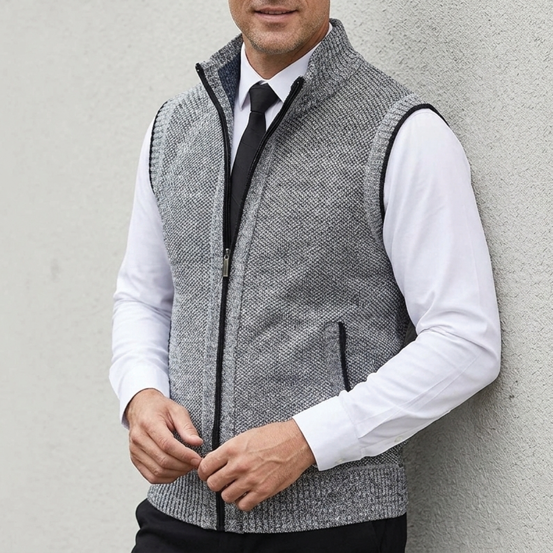 Men's Zip Sleeveless Jumper – Turn-Down Collar, Regular Fit