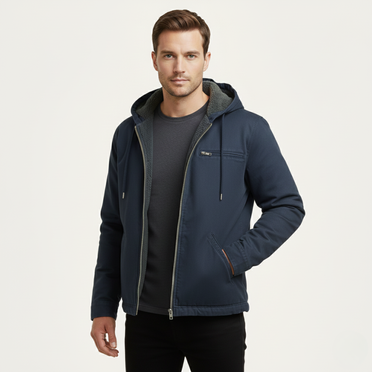 Men's Fleece Lined Hooded Jacket – Full Zip, Relaxed Fit