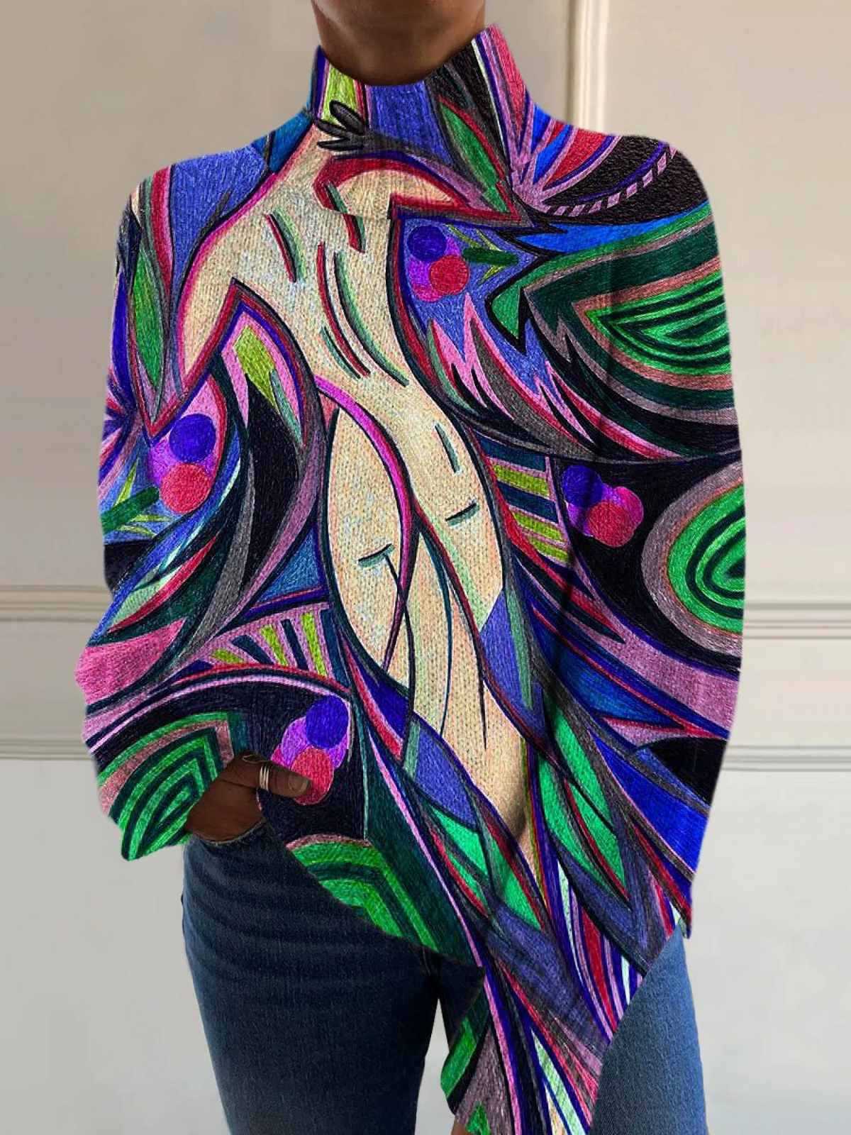 Women's Roll Neck Jumper – Retro Abstract Print