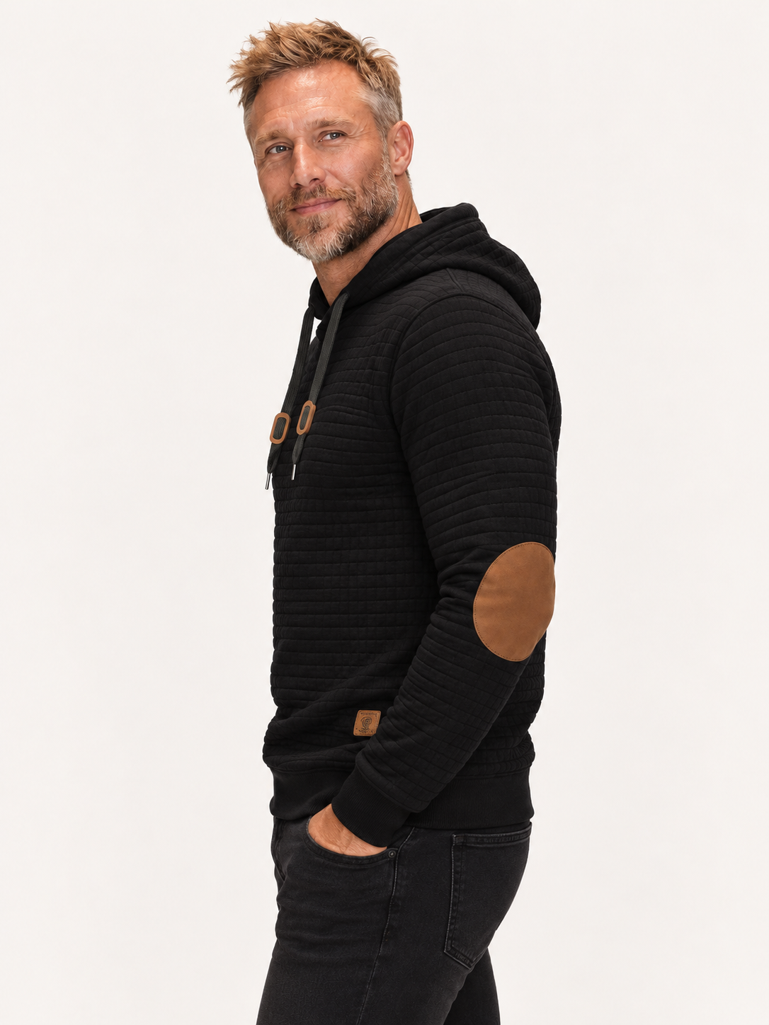 Men's Quilted Hoodie – Suede-Look Elbow Patches, Regular Fit