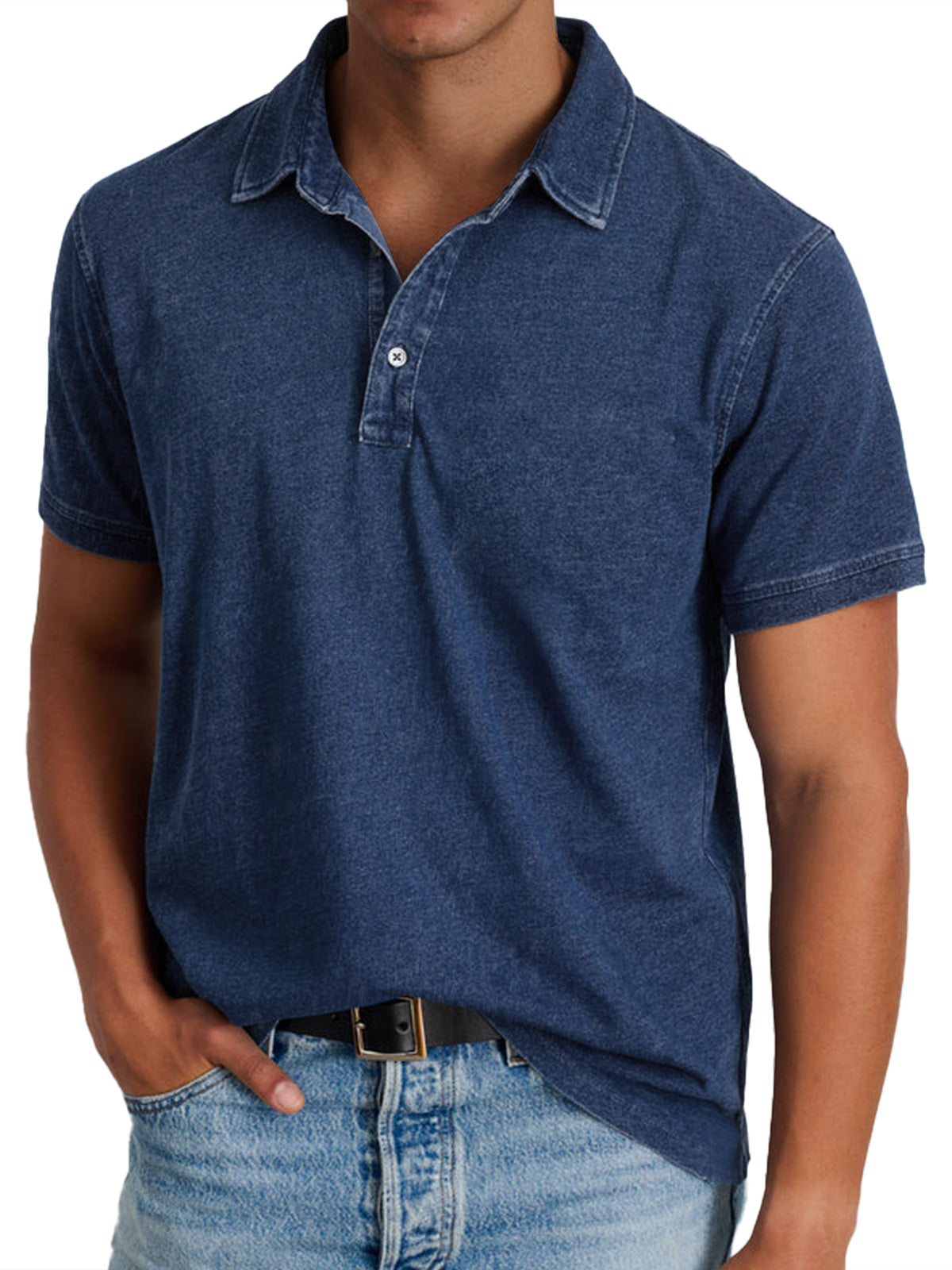 Men's Denim Look Polo Shirt – Faded Finish, Button Placket