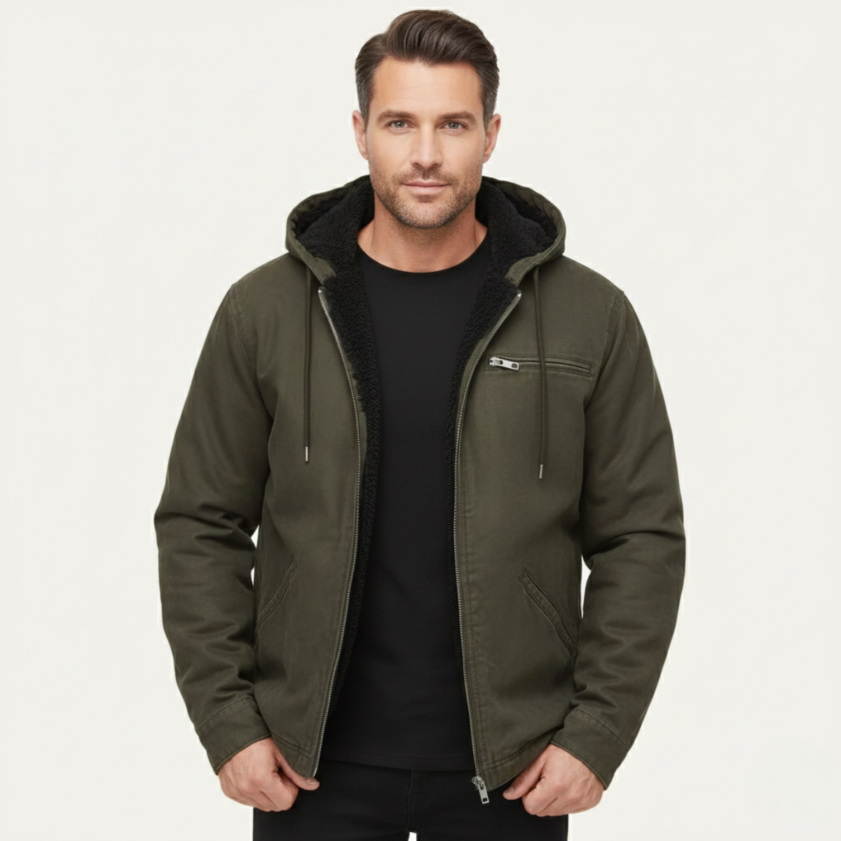Men's Fleece Lined Hooded Jacket – Full Zip, Relaxed Fit