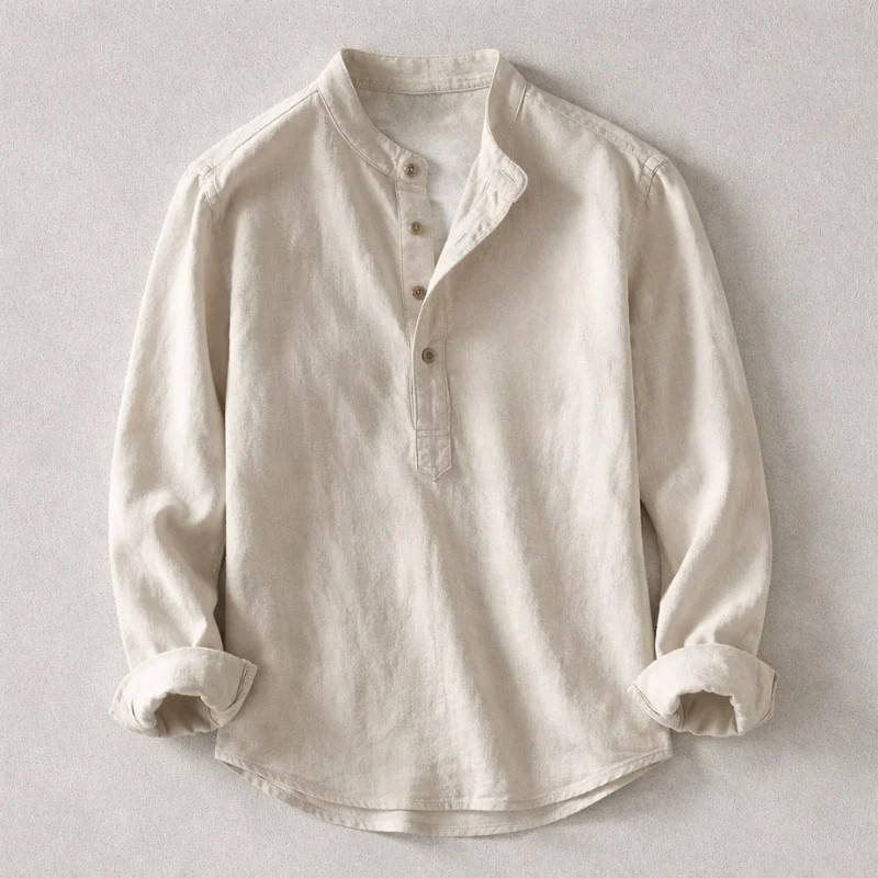Men's Linen Cotton Henley Shirt – Band Collar, Relaxed Fit