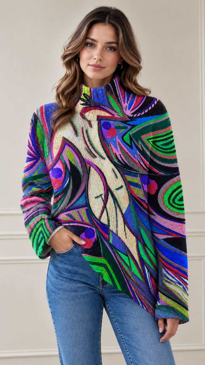 Women's Roll Neck Jumper – Retro Abstract Print