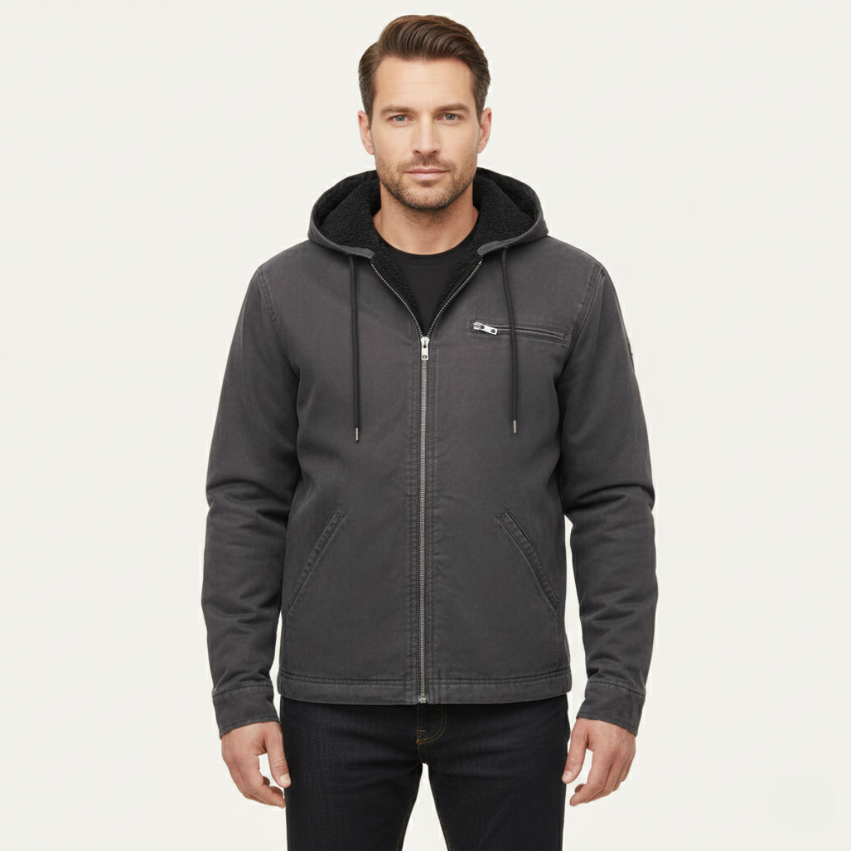 Men's Fleece Lined Hooded Jacket – Full Zip, Relaxed Fit