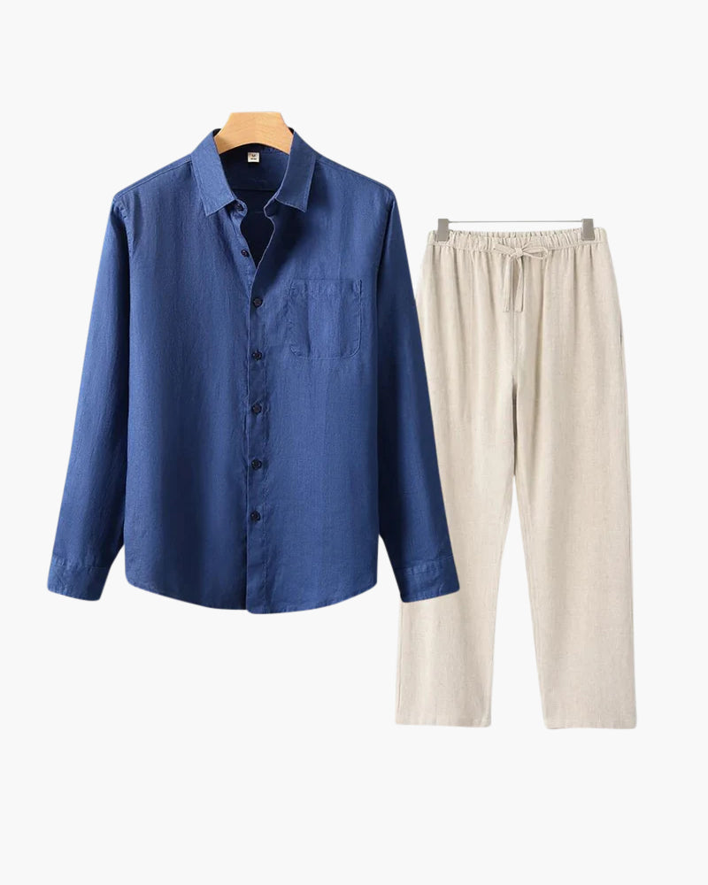 Men's Linen Shirt & Trousers Set – Long Sleeve, Regular Fit