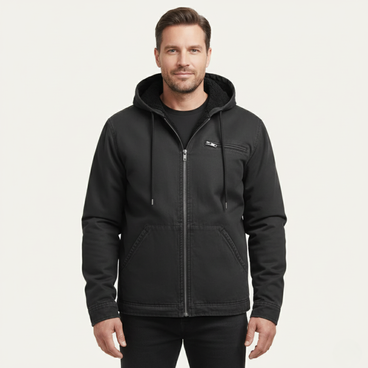 Men's Fleece Lined Hooded Jacket – Full Zip, Relaxed Fit