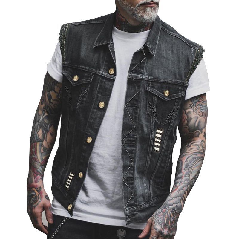 Men's Denim Gilet – Lapel Collar, Washed Finish