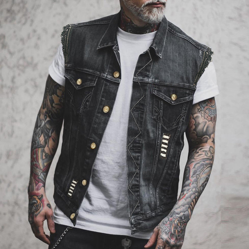 Men's Denim Gilet – Lapel Collar, Washed Finish