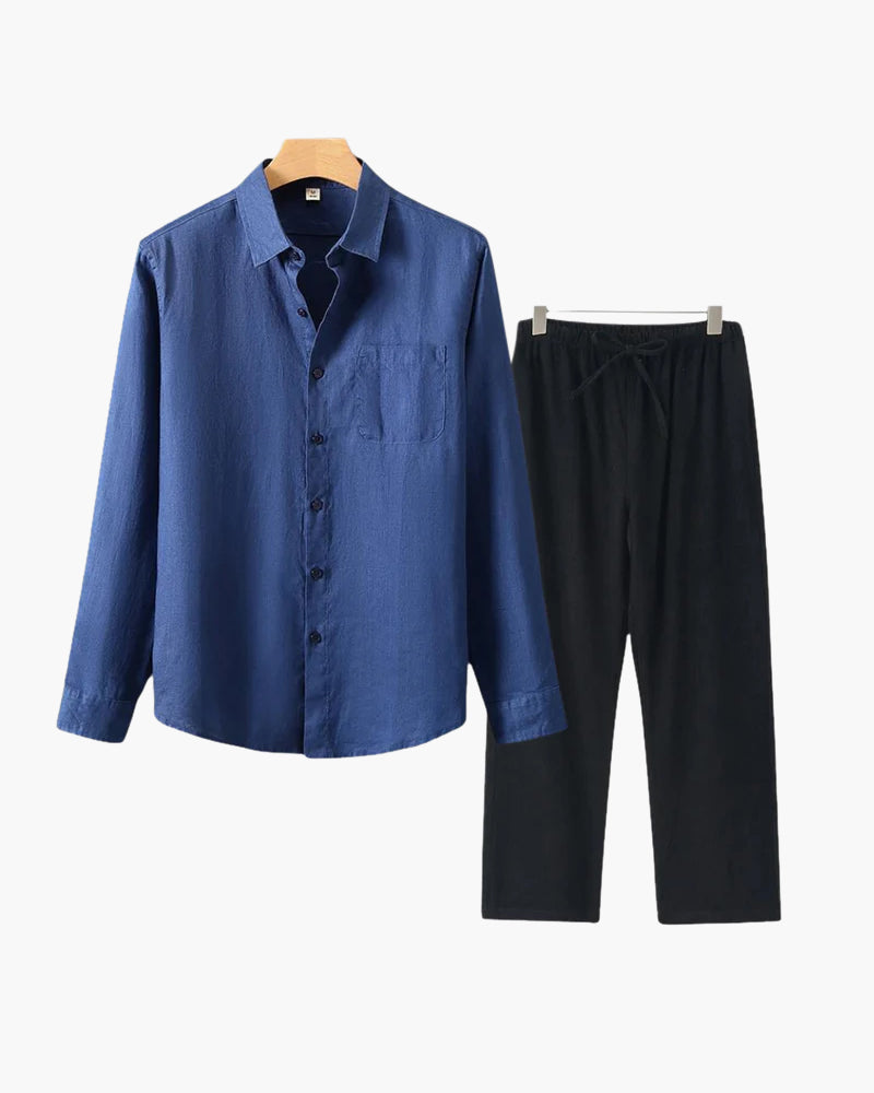 Men's Linen Shirt & Trousers Set – Long Sleeve, Regular Fit
