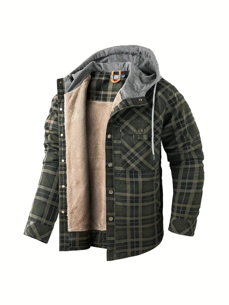 Men's Check Hooded Shirt Jacket – Fleece Lined, Relaxed Fit