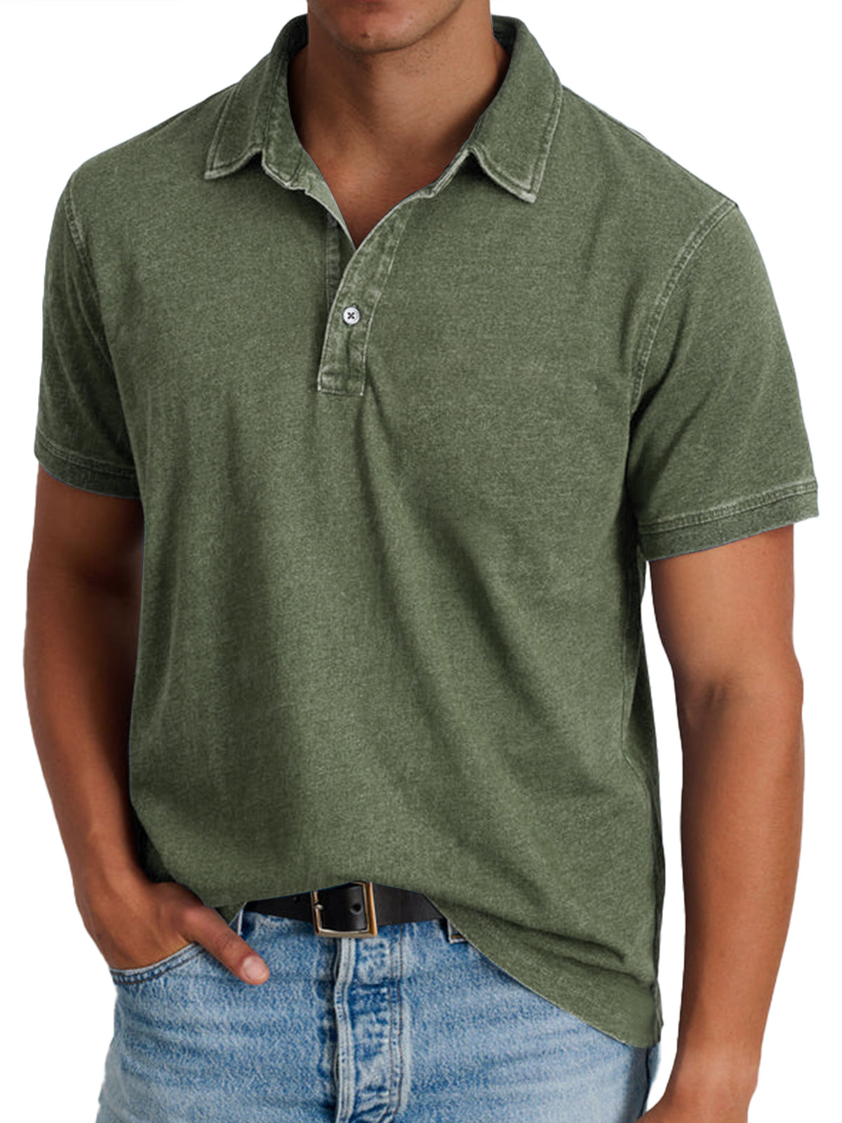 Men's Denim Look Polo Shirt – Faded Finish, Button Placket