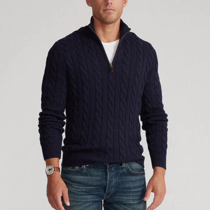 Men's Half Zip Jumper – Cable Knit Cotton, High Collar